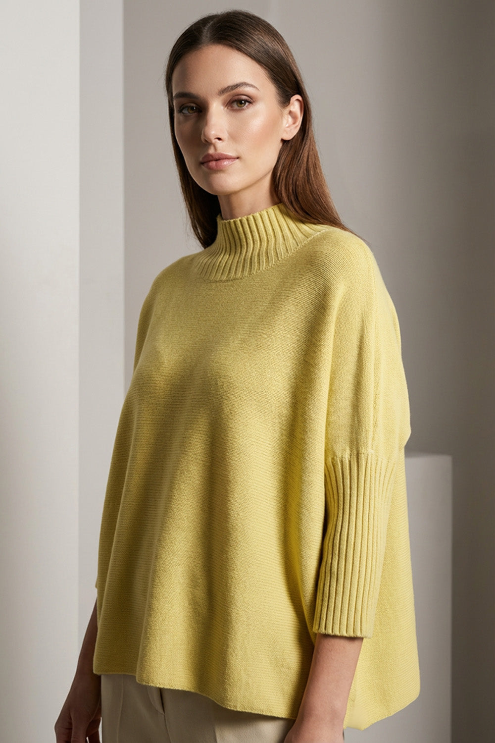 Πλεκτή Μπλούζα με Όρθιο Γιακά & Μανίκι 3/4 – Κίτρινη