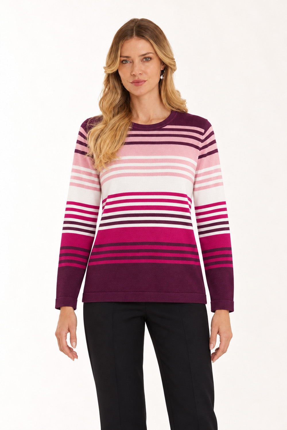 Γυναικεία πλεκτή μπλούζα με οριζόντιες ρίγες σε μπορντό, φούξια, ροζ και λευκό, με μακριά μανίκια.