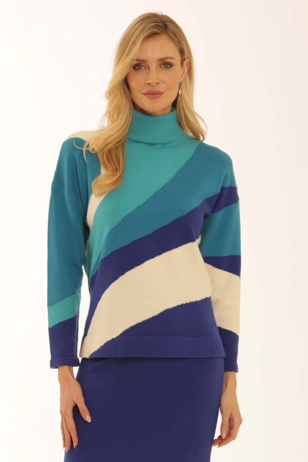 Πλεκτή μπλούζα με ζιβάγκο και ριγέ print σε μπλε και τυρκουάζ αποχρώσεις από την Ellisargi Boutique
