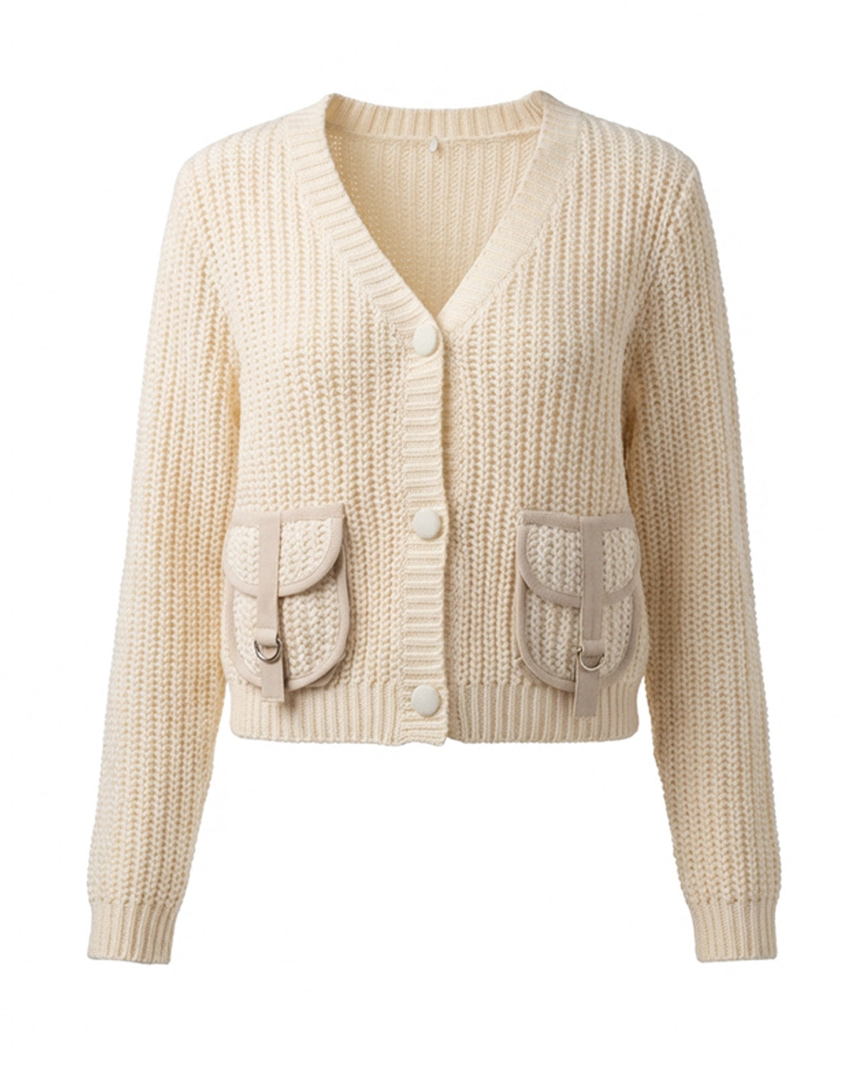 Πλεκτή Ζακέτα Εκρού με Διακοσμητικές Τσέπες