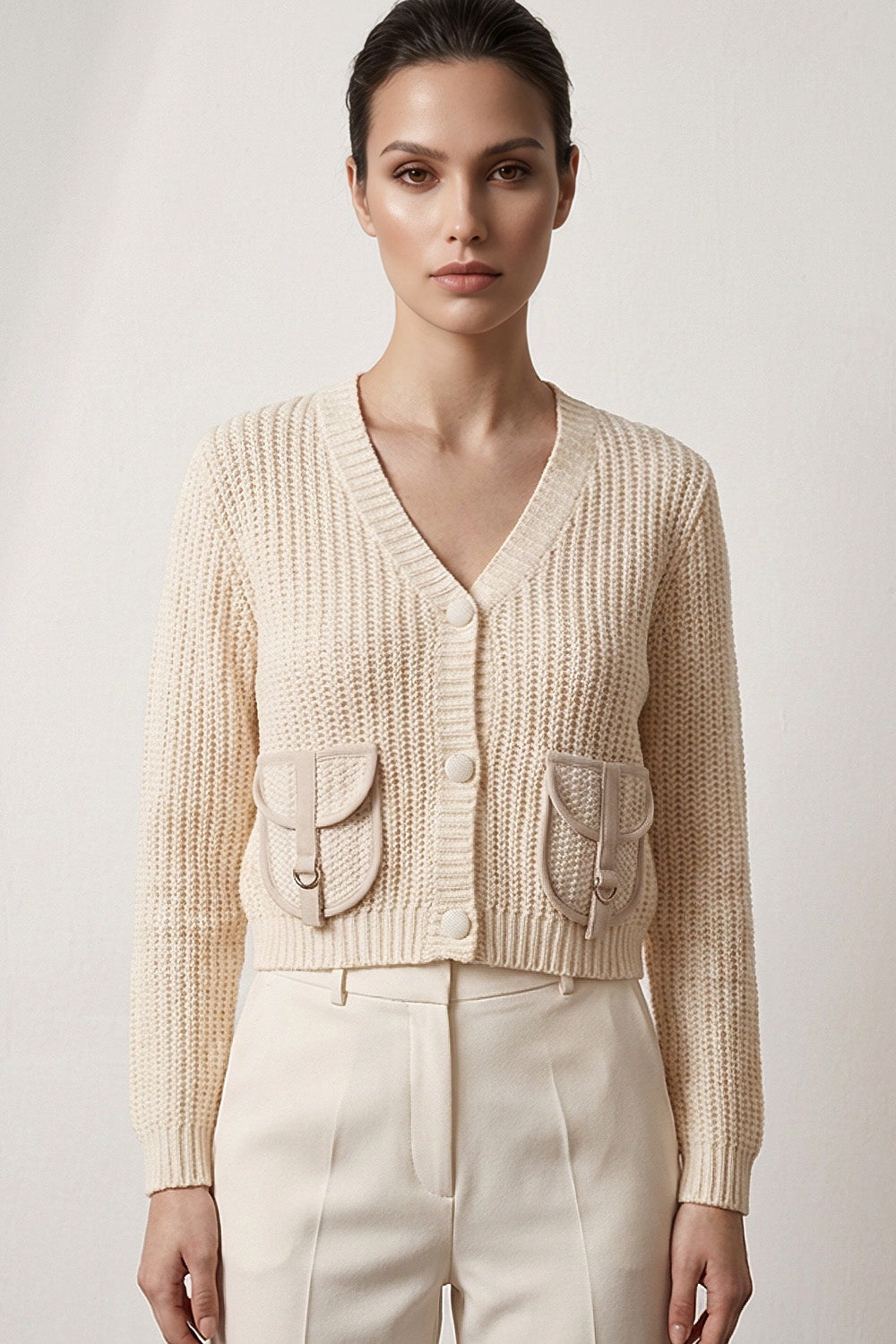 Πλεκτή Ζακέτα Εκρού με Διακοσμητικές Τσέπες