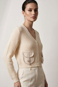 Πλεκτή Ζακέτα Εκρού με Διακοσμητικές Τσέπες