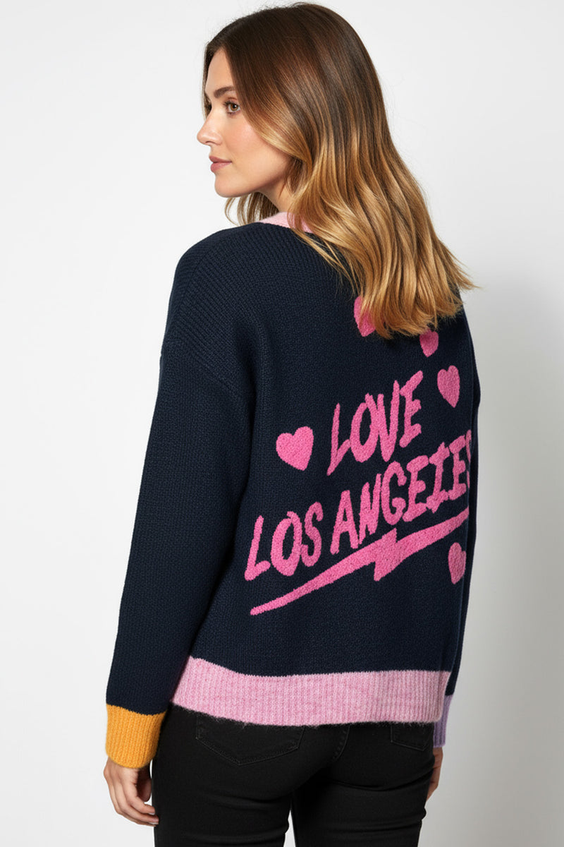 Πλεκτή ζακέτα Love Los Angeles σε σκούρο μπλε με ροζ λεπτομέρειες και χρωματιστές μανσέτες – Ellisargi Boutique