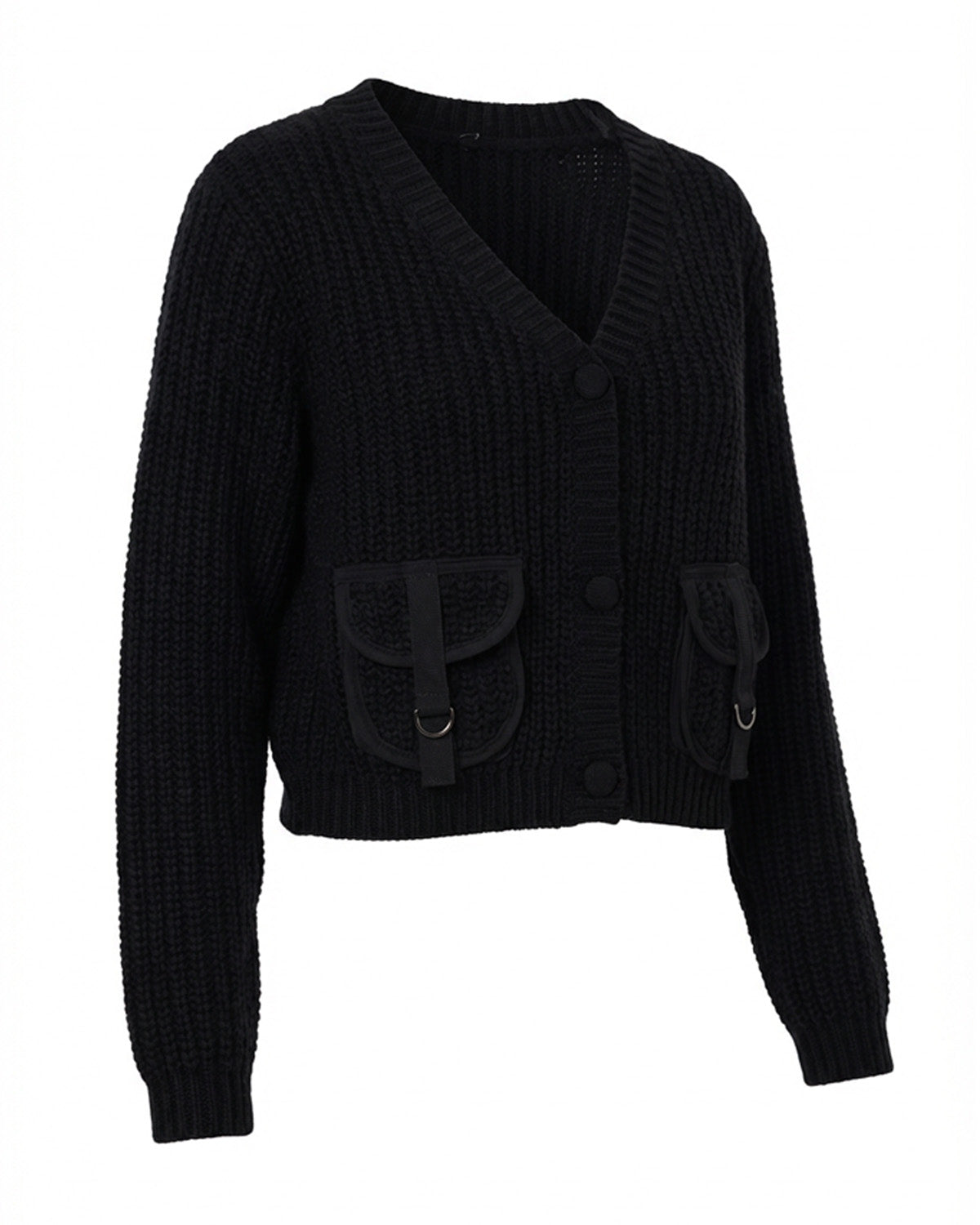 Γυναικεία πλεκτή ζακέτα σε μαύρο χρώμα με κουμπιά, V λαιμόκοψη και διακοσμητικές μπροστινές τσέπες.