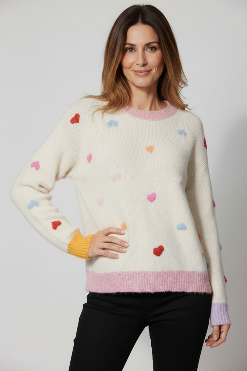 Εκρού πλεκτό με πολύχρωμες καρδιές και ριμπ τελειώματα από την Ellisargi Boutique