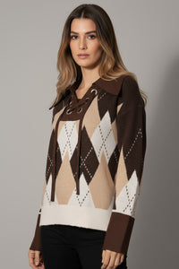 Καφέ πλεκτό με ρόμβους και κορδόνι στο ντεκολτέ από την Ellisargi Boutique