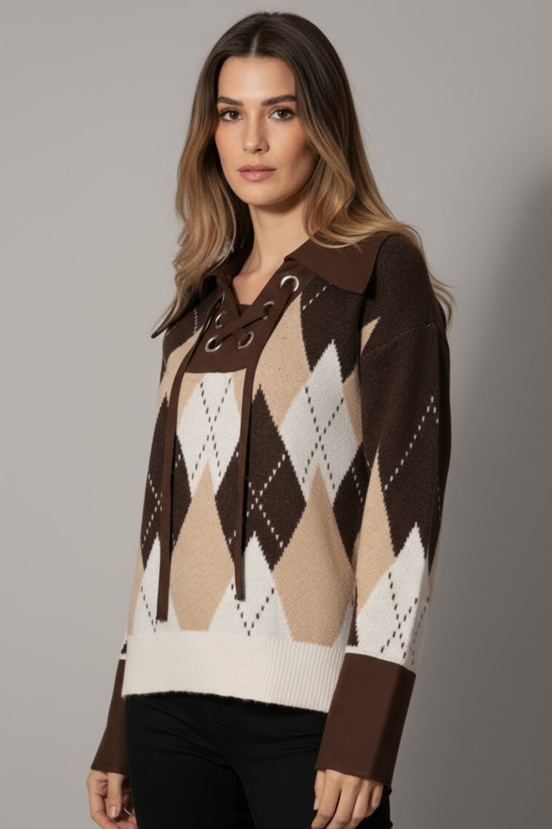 Καφέ πλεκτό με ρόμβους και κορδόνι στο ντεκολτέ από την Ellisargi Boutique