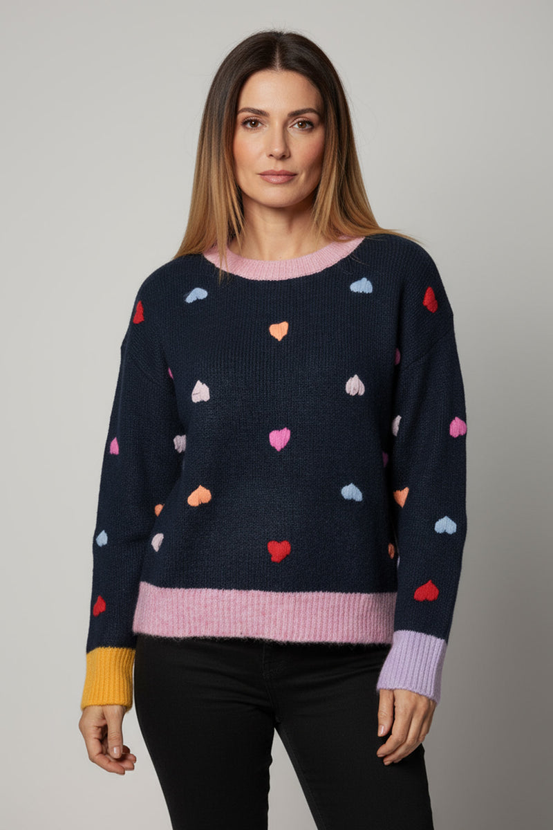 Μπλε πλεκτό με πολύχρωμες καρδιές και ριμπ τελειώματα από την Ellisargi Boutique