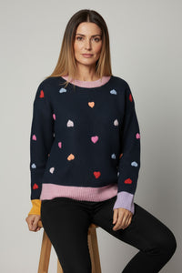 Μπλε πλεκτό με πολύχρωμες καρδιές και ριμπ τελειώματα από την Ellisargi Boutique