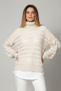 Πλεκτό εκρού πουλόβερ We Coss με ζιβάγκο και διάτρητη πλέξη – Ellisargi Boutique
