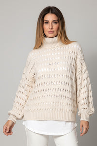 Πλεκτό εκρού πουλόβερ We Coss με ζιβάγκο και διάτρητη πλέξη – Ellisargi Boutique