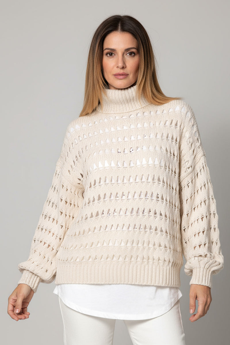 Πλεκτό εκρού πουλόβερ We Coss με ζιβάγκο και διάτρητη πλέξη – Ellisargi Boutique