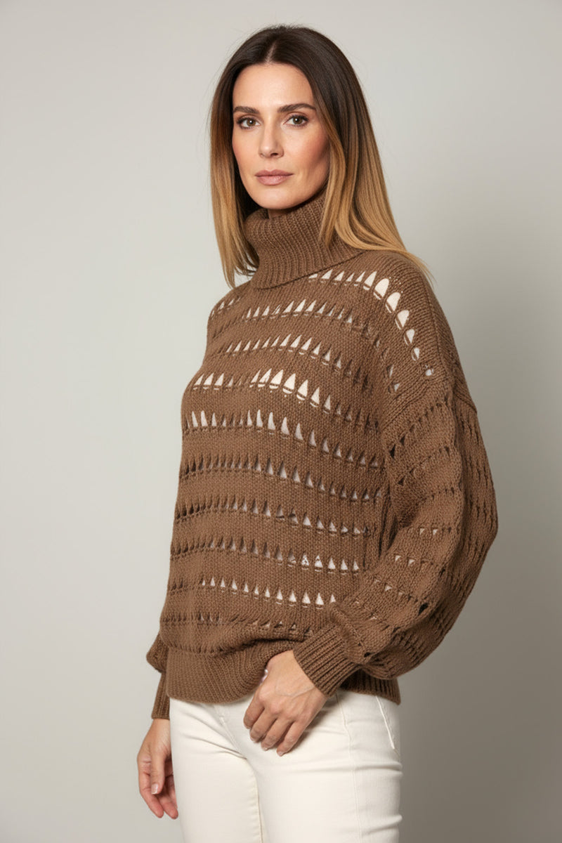 Πλεκτό πουλόβερ We Coss καφέ με ζιβάγκο