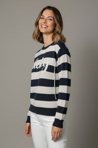 Ριγέ μπλε-γκρι πλεκτό με ανάγλυφο σχέδιο “Lucky” από την Ellisargi Boutique