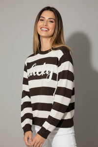 Ριγέ καφέ-εκρού πλεκτό με ανάγλυφη λέξη “Lucky” από την Ellisargi Boutique