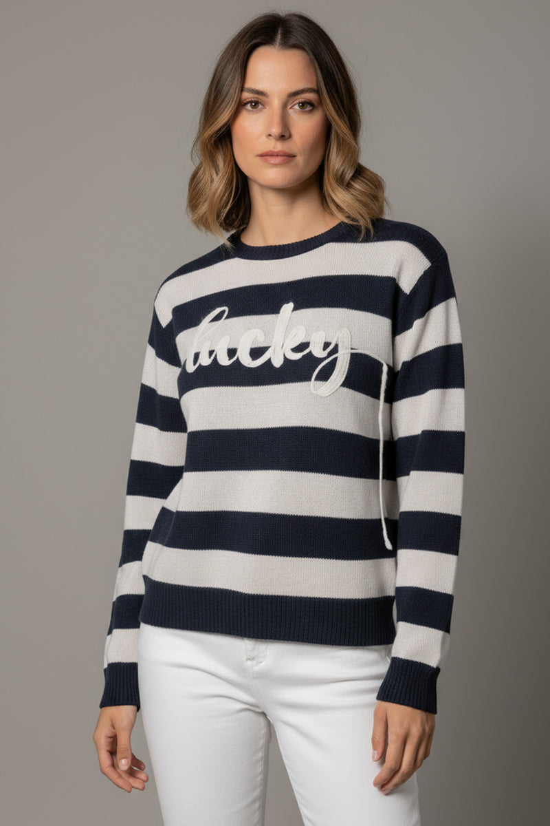 Ριγέ μπλε-γκρι πλεκτό με ανάγλυφο σχέδιο “Lucky” από την Ellisargi Boutique