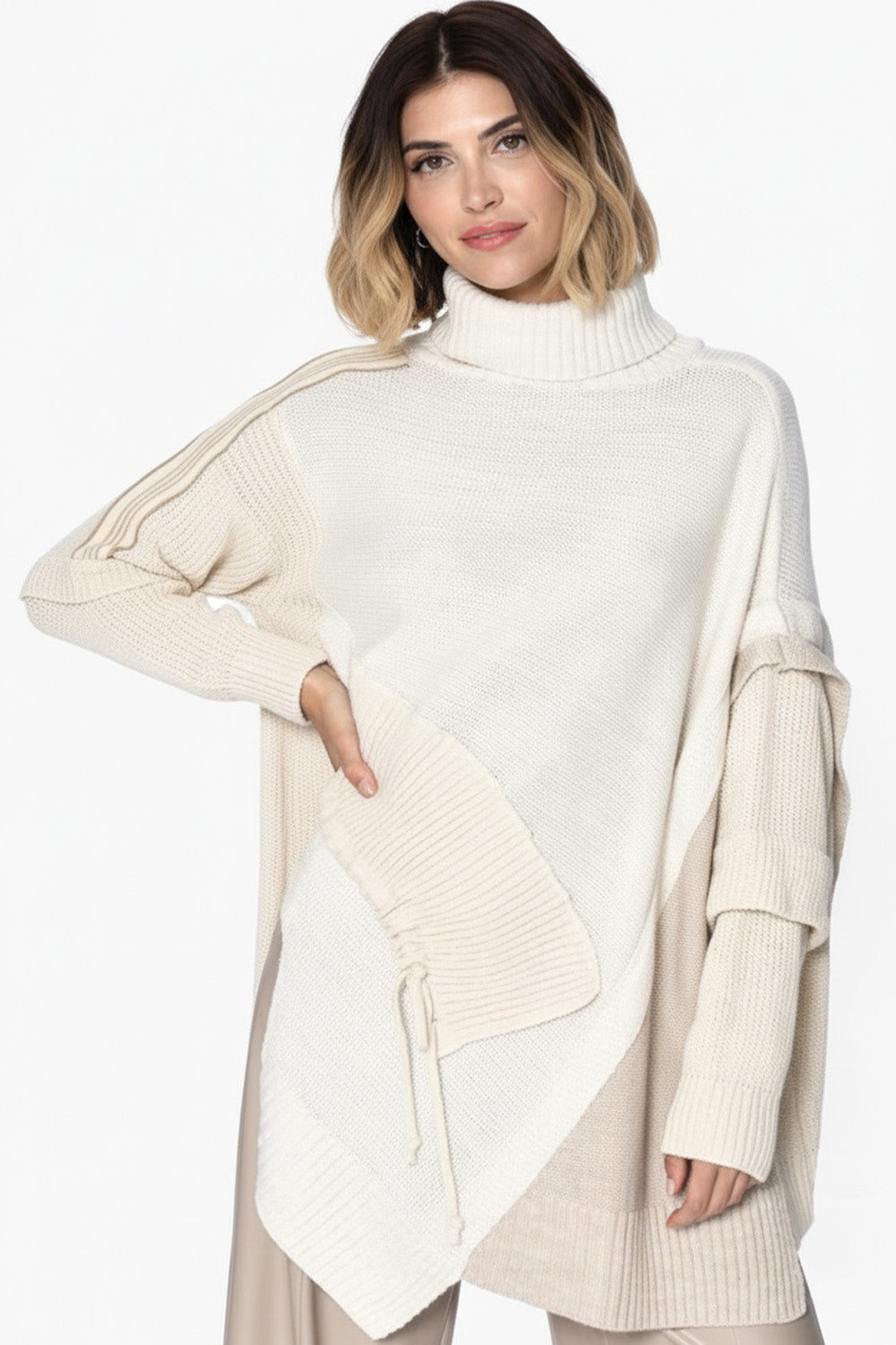 Oversized πλεκτό ζιβάγκο εκρού με ασυμμετρία και διαφορετικές πλέξεις