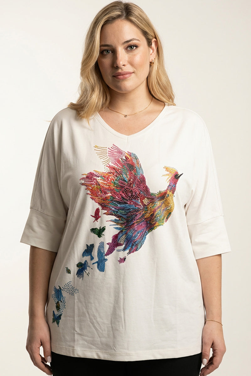 Plus size one size εκρού μπλούζα με πολύχρωμο print πουλιού στο μπροστινό μέρος