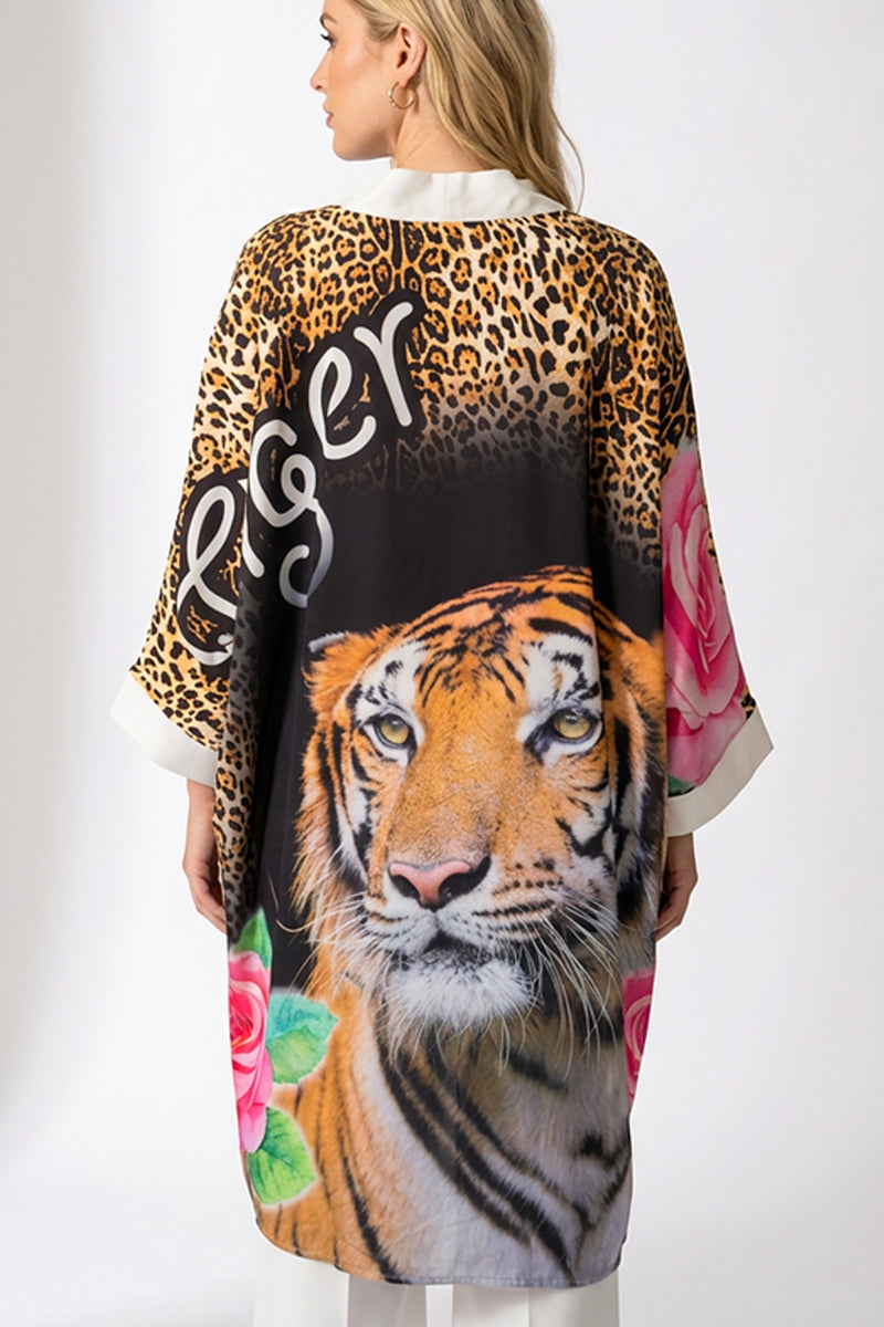 Plus size one size πουκαμίσα-καφτάνι με animal print και σχέδιο τίγρης σε ασύμμετρη γραμμή