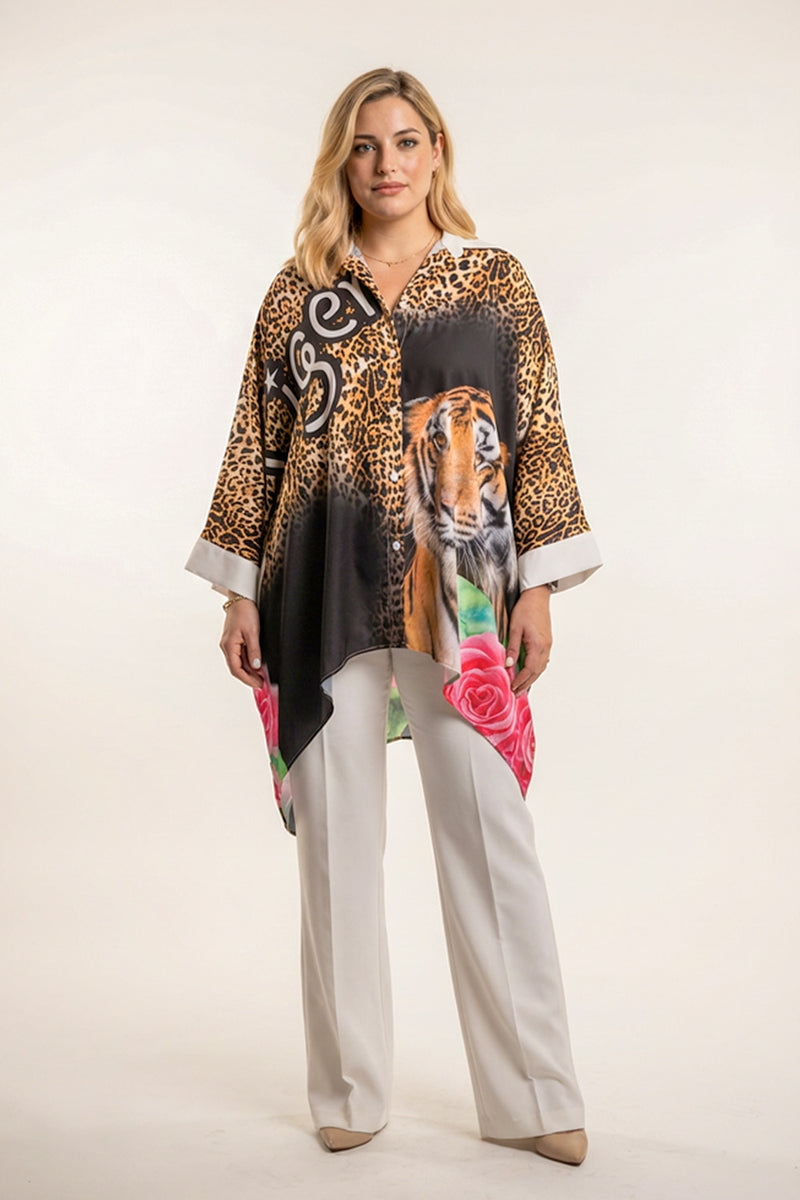 Plus size one size πουκαμίσα-καφτάνι με animal print και σχέδιο τίγρης σε ασύμμετρη γραμμή