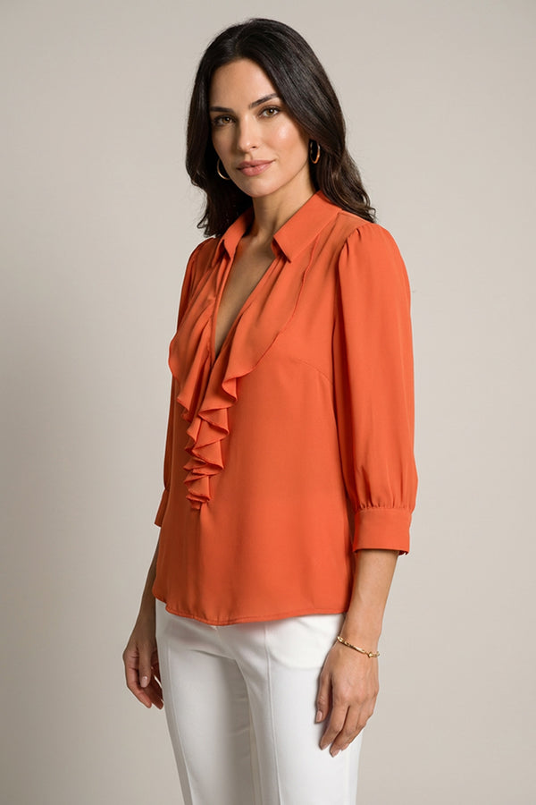 Μπλούζα με Βολάν και Γιακά σε Πορτοκαλί Απόχρωση