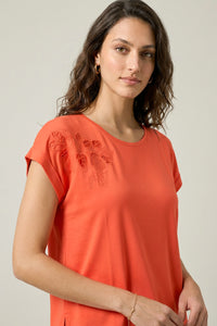 Πορτοκαλί T-Shirt με Κεντημένο Floral Σχέδιο