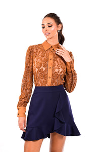 Δαντελένιο καραμελέ πουκάμισο με satin λεπτομέρειες και κουμπιά – Ellisargi Boutique