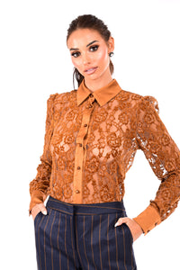 Δαντελένιο καραμελέ πουκάμισο με satin λεπτομέρειες και κουμπιά – Ellisargi Boutique