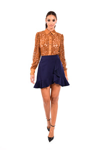 Δαντελένιο καραμελέ πουκάμισο με satin λεπτομέρειες και κουμπιά – Ellisargi Boutique