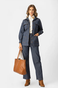 Πουκάμισο denim με ζώνη, utility τσέπες και balloon μανίκια σε σκούρο μπλε από το Ellisargi Boutique