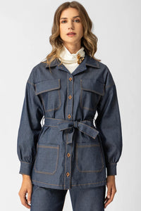 Πουκάμισο denim με ζώνη, utility τσέπες και balloon μανίκια σε σκούρο μπλε από το Ellisargi Boutique