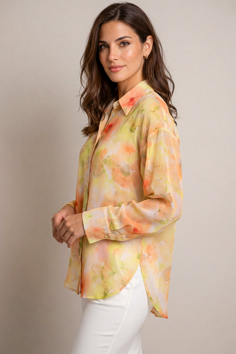 Γυναικείο πουκάμισο με floral σχέδιο σε κίτρινες και ροδακινί αποχρώσεις με κουμπιά μπροστά