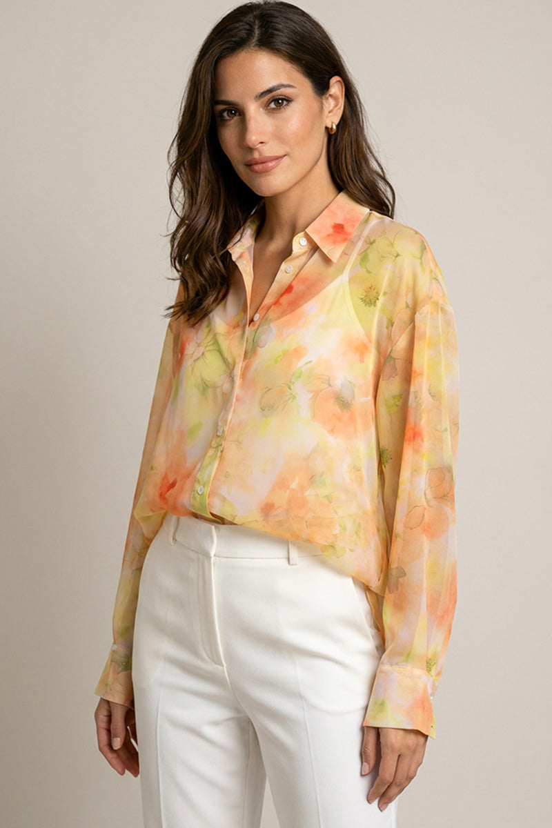 Γυναικείο πουκάμισο με floral σχέδιο σε κίτρινες και ροδακινί αποχρώσεις με κουμπιά μπροστά