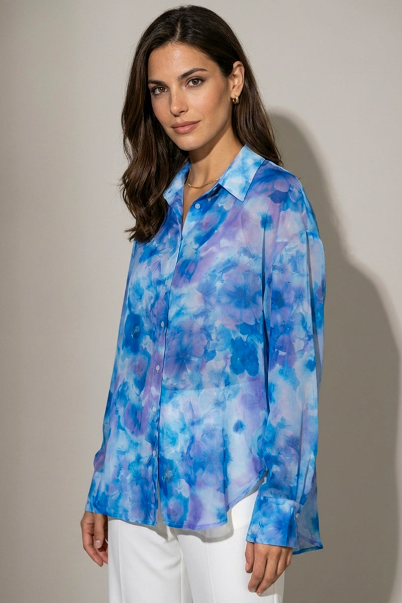 Γυναικείο πουκάμισο με floral σχέδιο σε μπλε και λιλά αποχρώσεις με κουμπιά μπροστά
