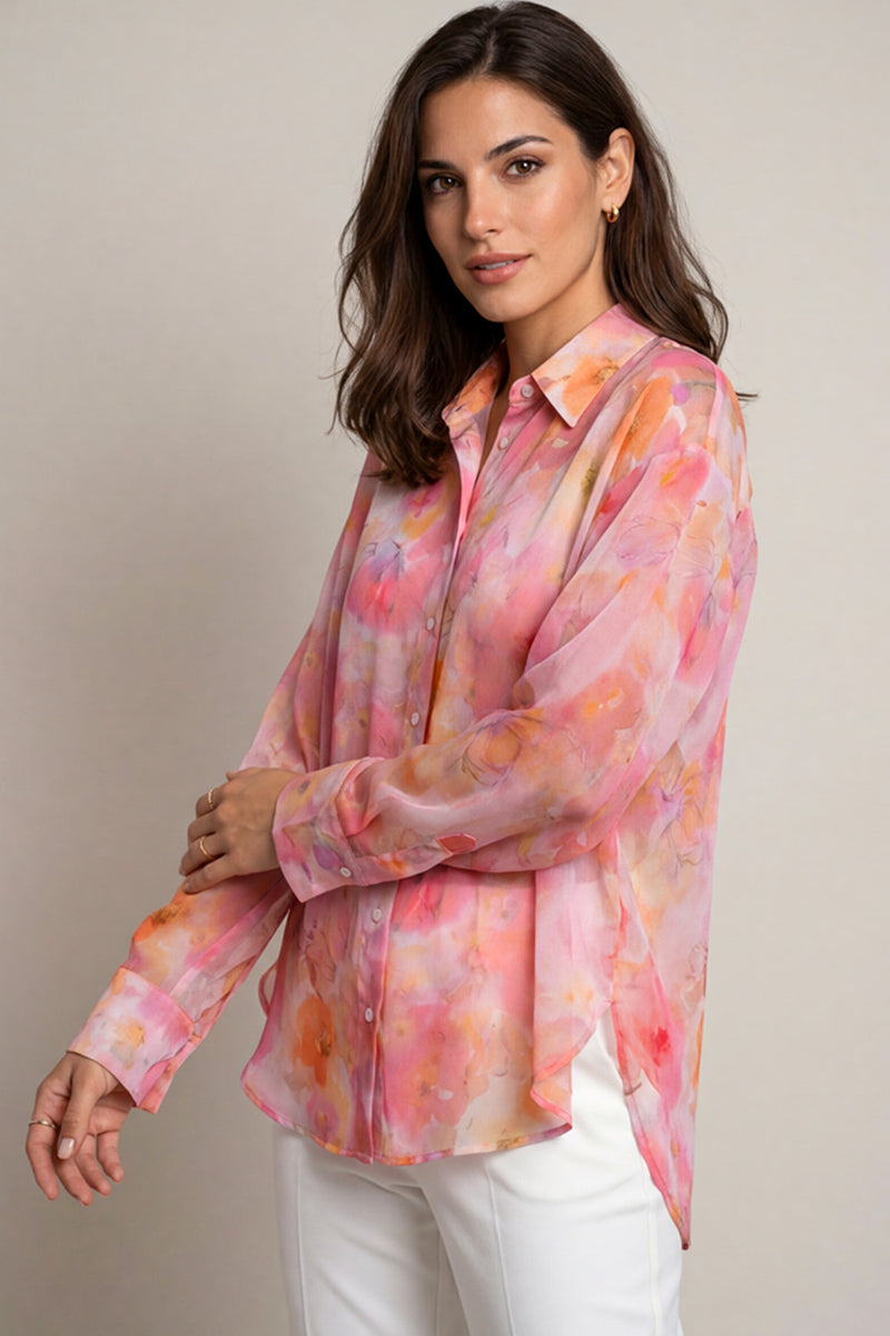 Γυναικείο πουκάμισο με floral σχέδιο σε ροζ και κοραλλί αποχρώσεις με κουμπιά μπροστά