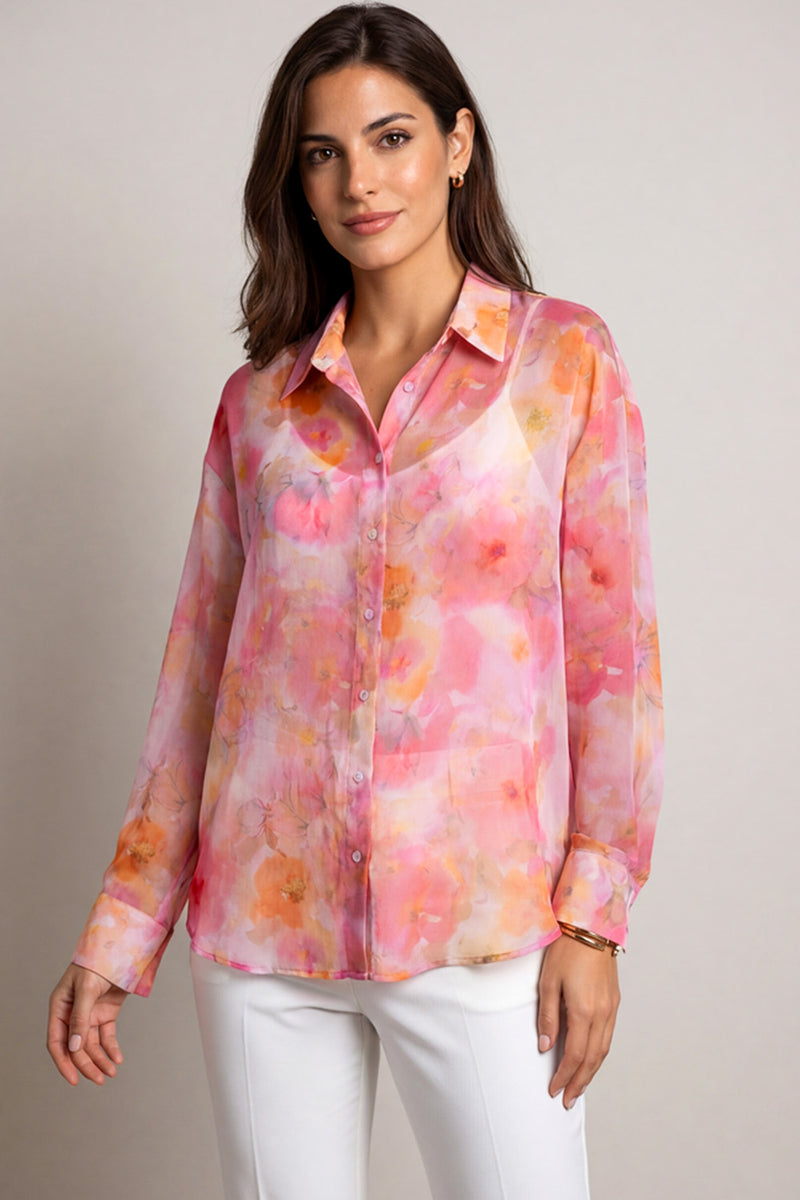 Γυναικείο πουκάμισο με floral σχέδιο σε ροζ και κοραλλί αποχρώσεις με κουμπιά μπροστά