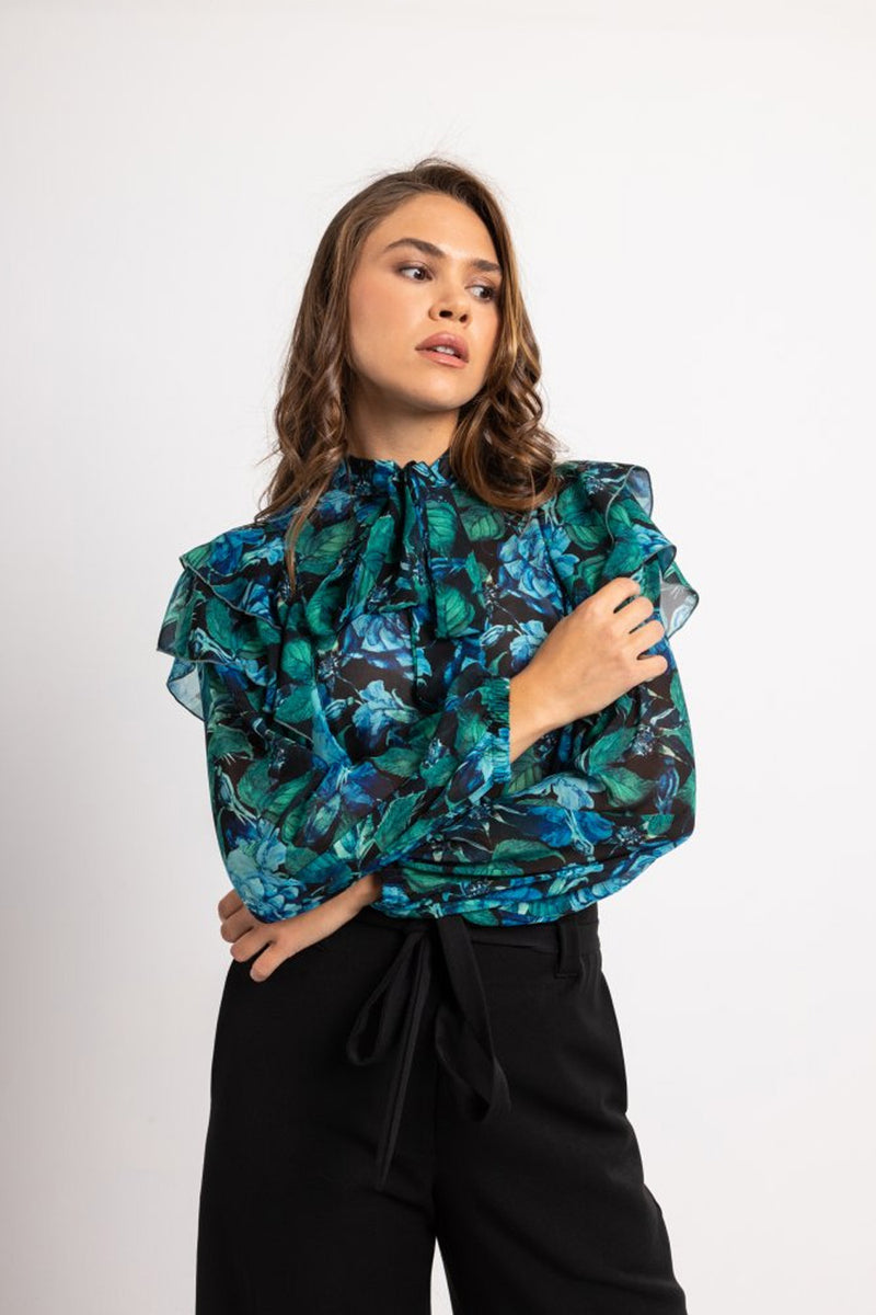 Πουκάμισο γαλαζοπράσινο με βολάν και balloon μανίκια σε floral σχέδιο