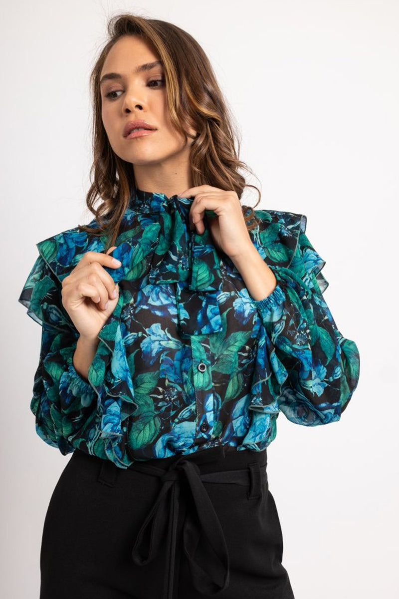 Πουκάμισο γαλαζοπράσινο με βολάν και balloon μανίκια σε floral σχέδιο