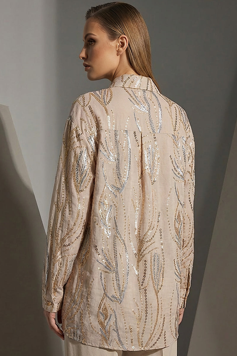 Κεντημένο πουκάμισο nude με παγιέτες