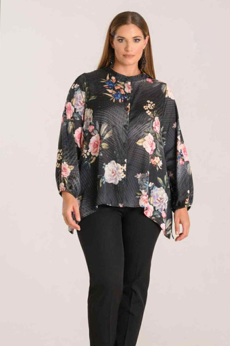 Μαύρο πουκάμισο plus size με φλοράλ σχέδιο και ασύμμετρο κόψιμο από Ellisargi Boutique