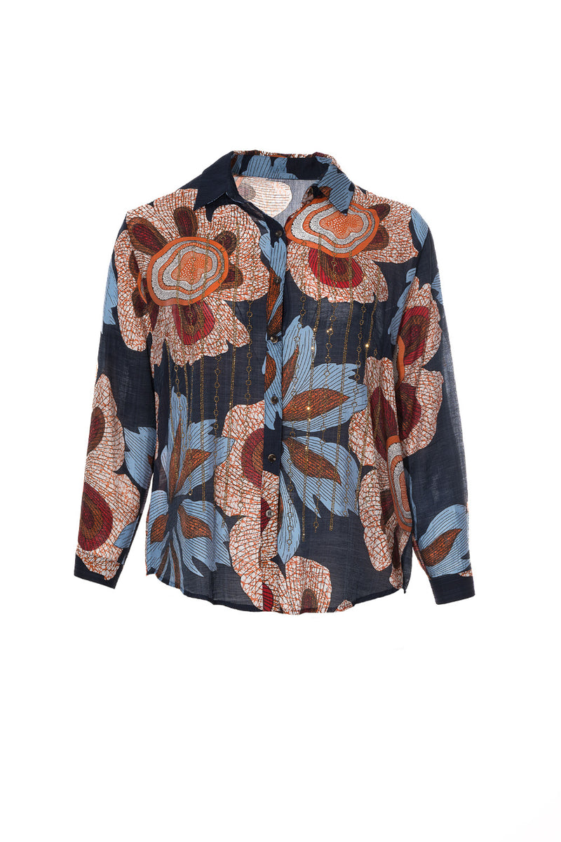 Μπλε πουκάμισο με φλοράλ print και χρυσά στρας, Ellisargi Boutique