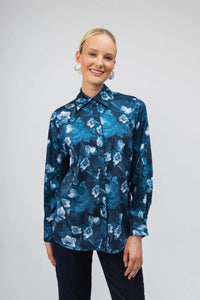 Γυναικείο μπλε floral πουκάμισο με μακριά μανίκια και κλασικό γιακά σε ίσια γραμμή.