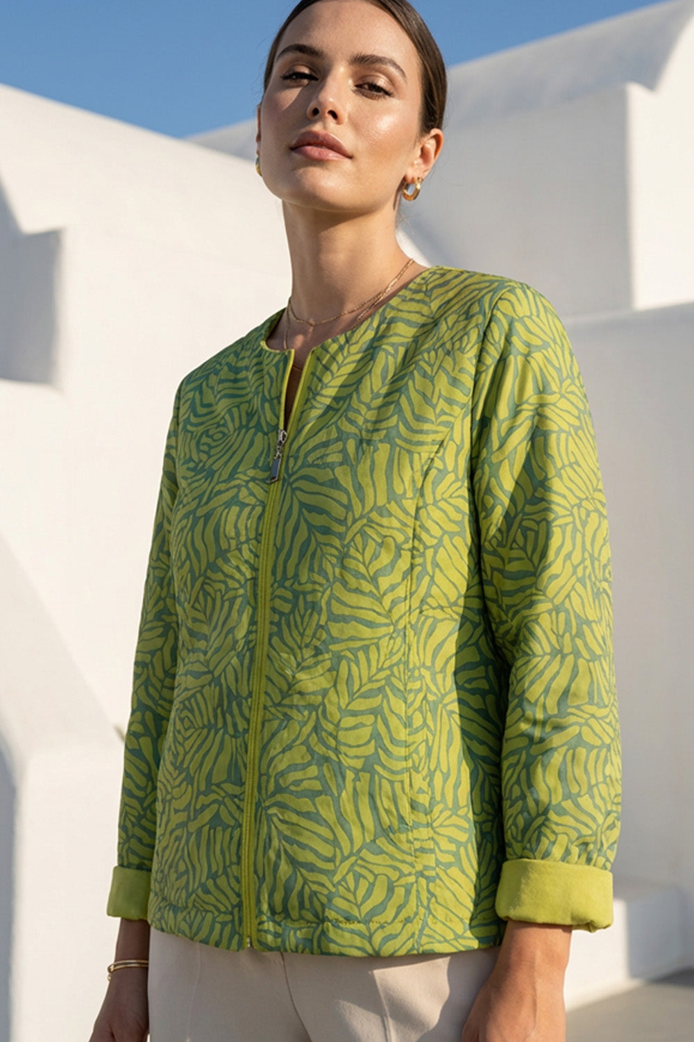 Πράσινο γυναικείο jacket διπλής όψης με print στη μία πλευρά και φερμουάρ