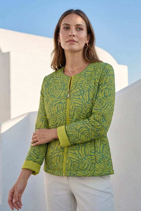 Πράσινο γυναικείο jacket διπλής όψης με print στη μία πλευρά και φερμουάρ