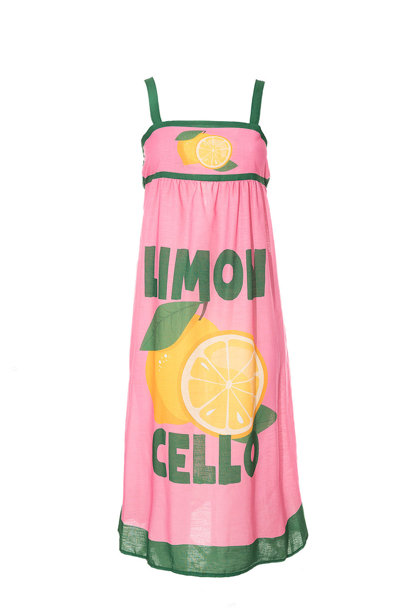 Ροζ φόρεμα με τιράντες και print λεμόνι Limoncello