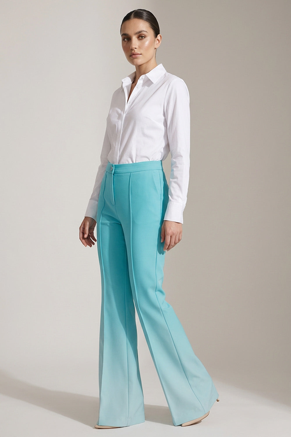 κομψό παντελόνι καμπάνα τιρκουάζ ψηλόμεσο