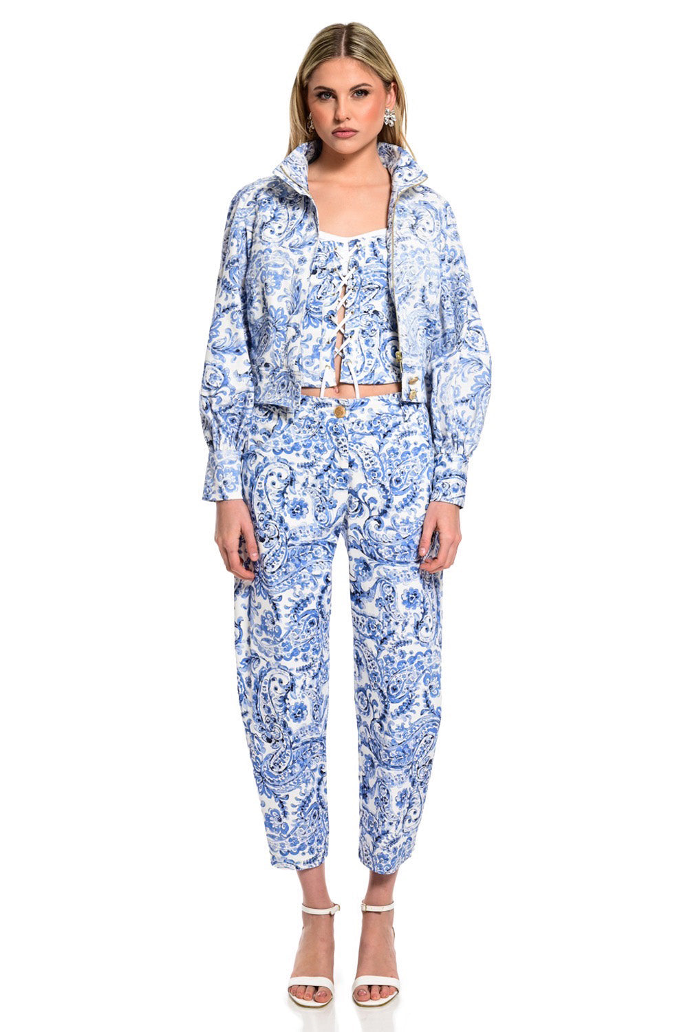 μπλε λευκό παντελόνι με paisley print και ίσια γραμμή