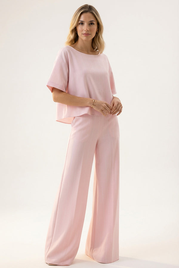 ψηλόμεσο ροζ παντελόνι με κάθετη ρίγα και φαρδιά γραμμή