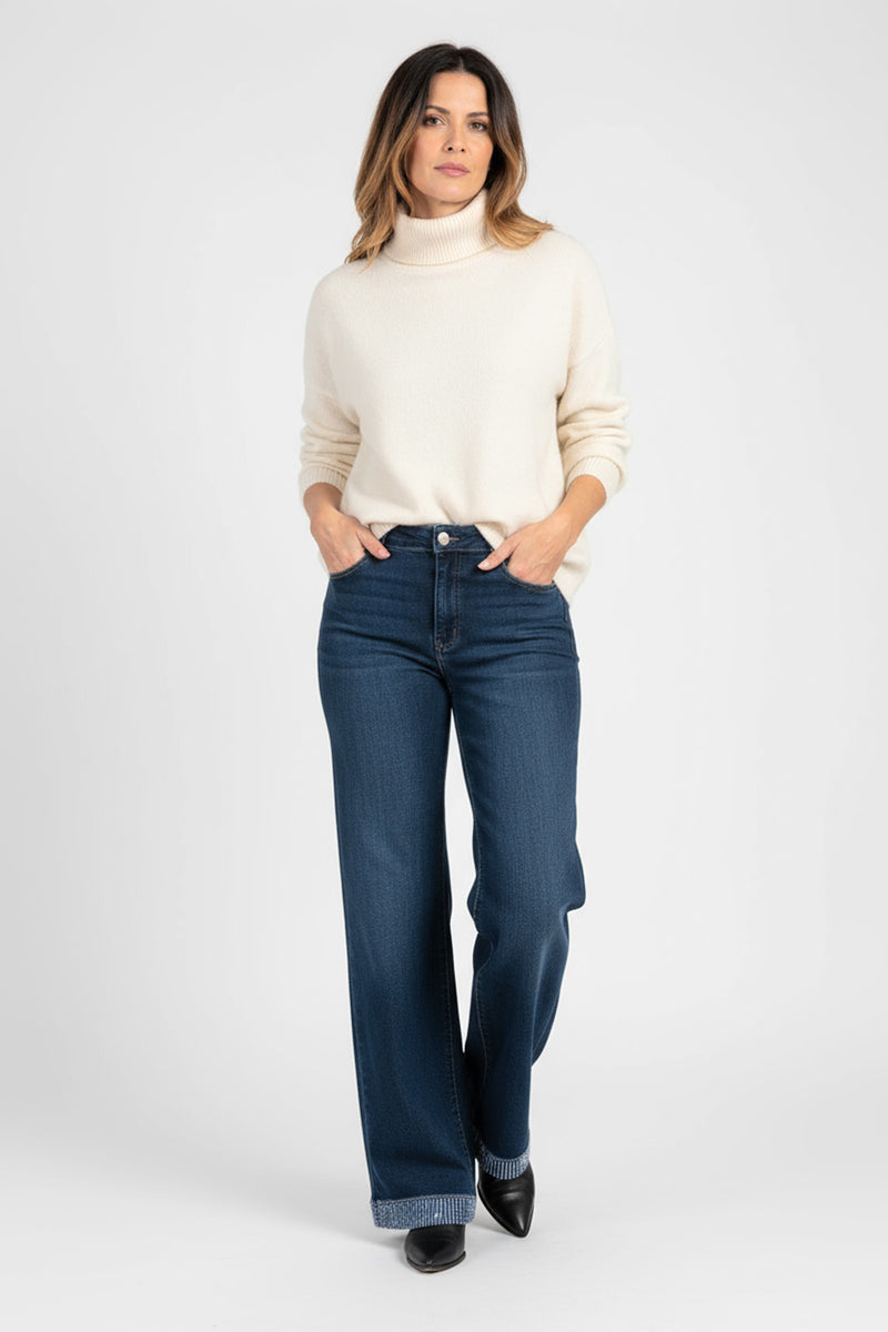 Ψηλόμεσο τζιν παντελόνι με ρεβέρ και strass στο τελείωμα – Ellisargi Boutique