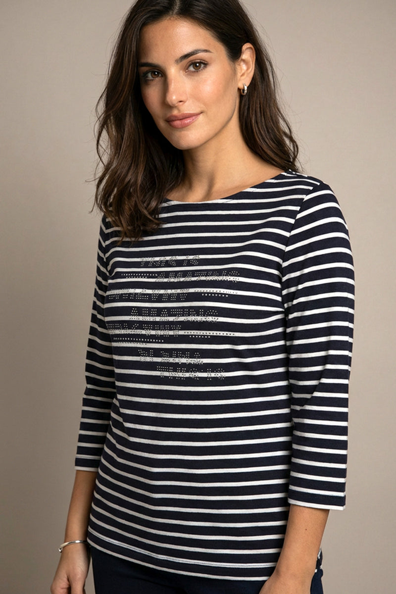 ριγέ navy μπλούζα με λευκές ρίγες, 3/4 μανίκι και διακόσμηση strass στο μπροστινό μέρος